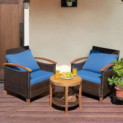 3 Pcs Solid Wood Frame Patio Rattan Furniture Set-Blue