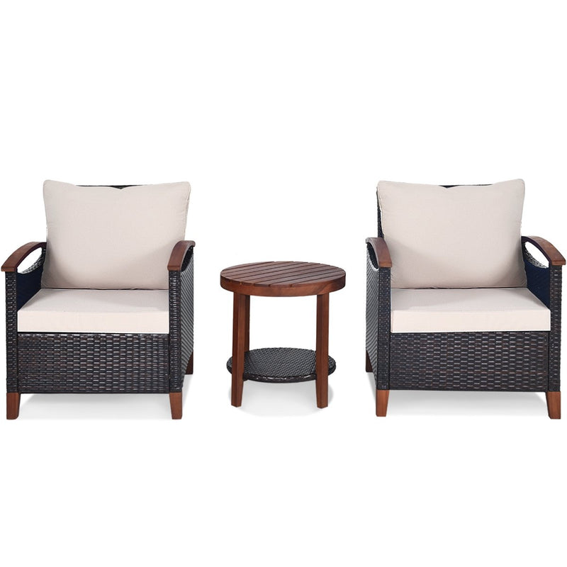 3 Pieces Patio Wicker Furniture Set with Washable Cushion and Acacia Wood Tabletop-Beige