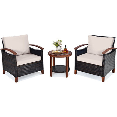 3 Pieces Patio Wicker Furniture Set with Washable Cushion and Acacia Wood Tabletop-Beige