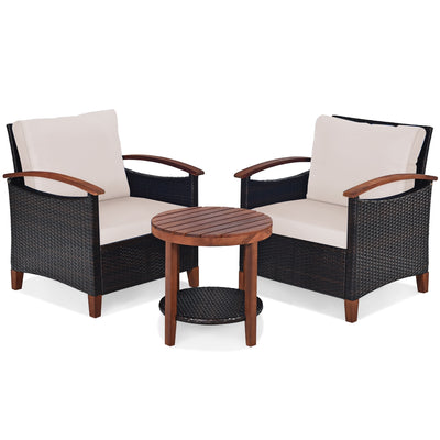 3 Pieces Patio Wicker Furniture Set with Washable Cushion and Acacia Wood Tabletop-Beige