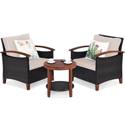 3 Pieces Patio Wicker Furniture Set with Washable Cushion and Acacia Wood Tabletop-Beige