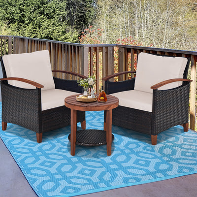 3 Pieces Patio Wicker Furniture Set with Washable Cushion and Acacia Wood Tabletop-Beige