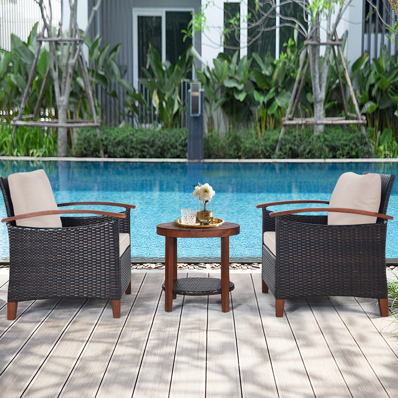 3 Pieces Patio Wicker Furniture Set with Washable Cushion and Acacia Wood Tabletop-Beige