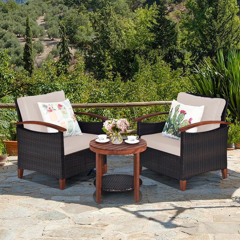 3 Pieces Patio Wicker Furniture Set with Washable Cushion and Acacia Wood Tabletop-Beige