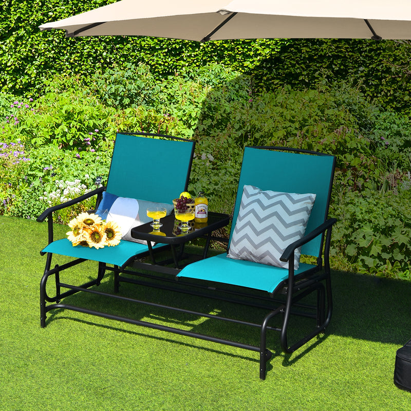 2-Person Double Rocking Loveseat with Mesh Fabric and Center Tempered Glass Table-Turquoise