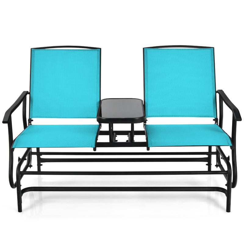 2-Person Double Rocking Loveseat with Mesh Fabric and Center Tempered Glass Table-Turquoise