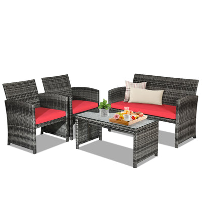 4 Pieces Patio Rattan Furniture Set with Cushions-Red