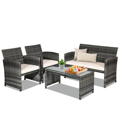 4 Pcs Patio Rattan Furniture Set Top Sofa With Glass Table-White