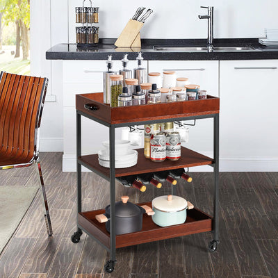 3 Tiers Kitchen Island Serving Bar Cart with Glasses Holder and Wine Bottle Rack