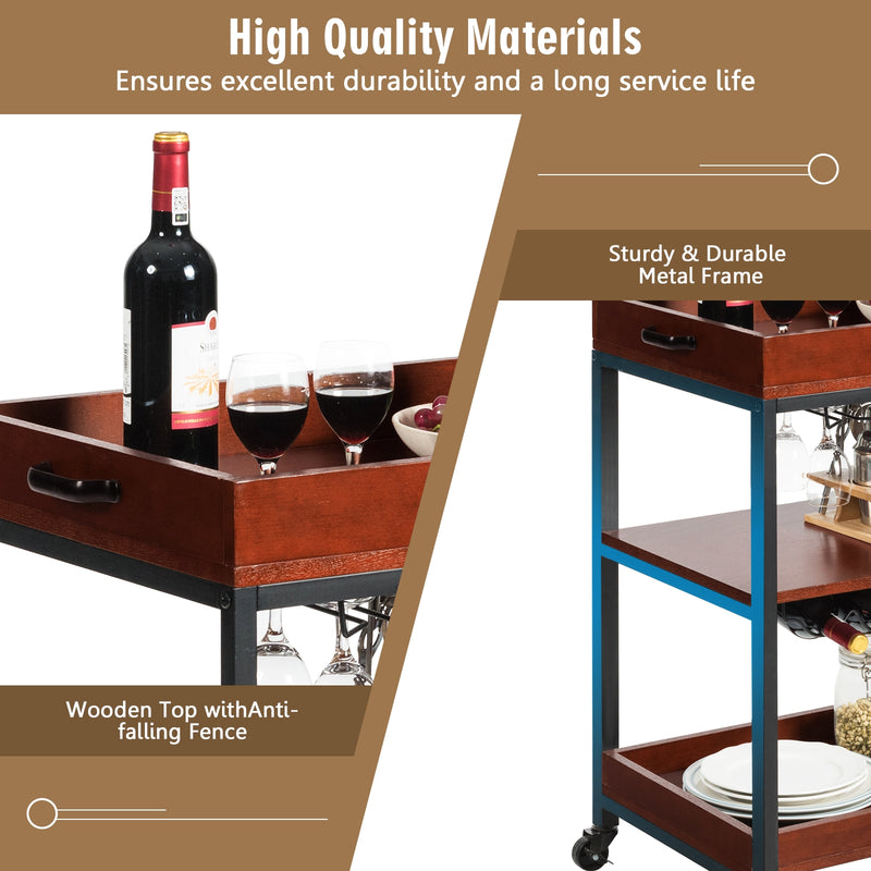 3 Tiers Kitchen Island Serving Bar Cart with Glasses Holder and Wine Bottle Rack