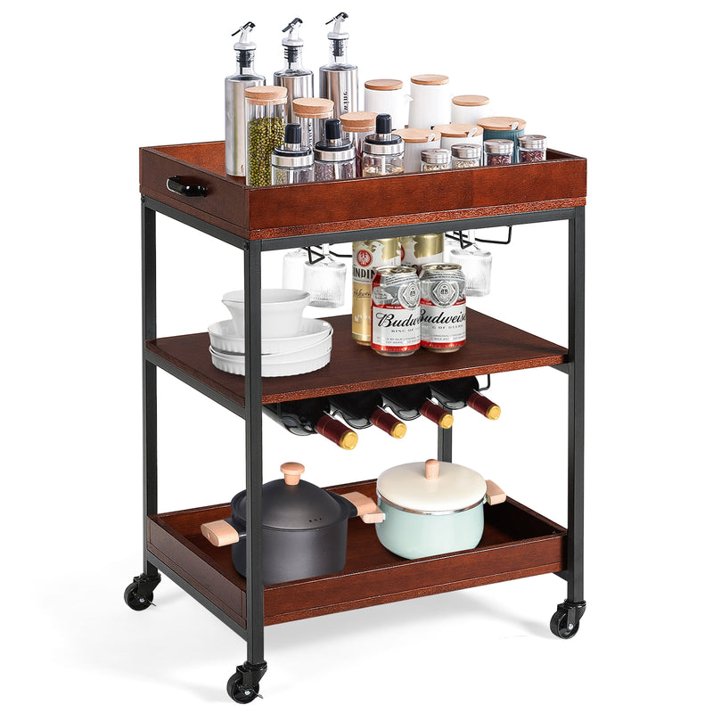 3 Tiers Kitchen Island Serving Bar Cart with Glasses Holder and Wine Bottle Rack