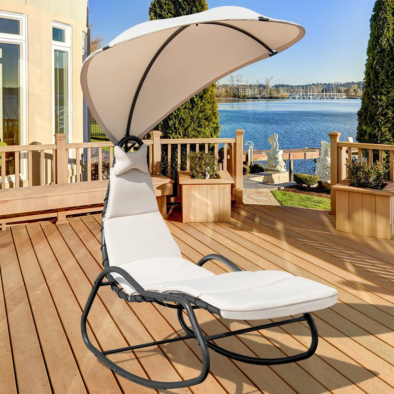 Chaise Lounge Swing with Wide Canopy Sun Shade and Soft Cushion-Beige