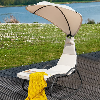 Chaise Lounge Swing with Wide Canopy Sun Shade and Soft Cushion-Beige