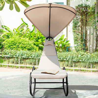 Chaise Lounge Swing with Wide Canopy Sun Shade and Soft Cushion-Beige