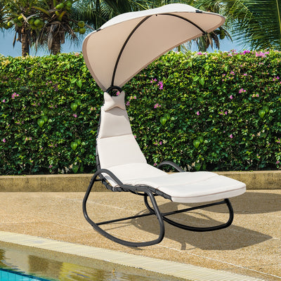 Chaise Lounge Swing with Wide Canopy Sun Shade and Soft Cushion-Beige