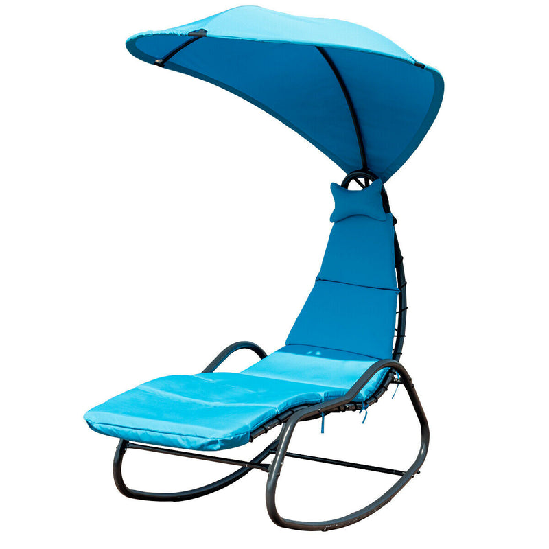 Chaise Lounge Swing with Wide Canopy Sun Shade and Soft Cushion-Blue