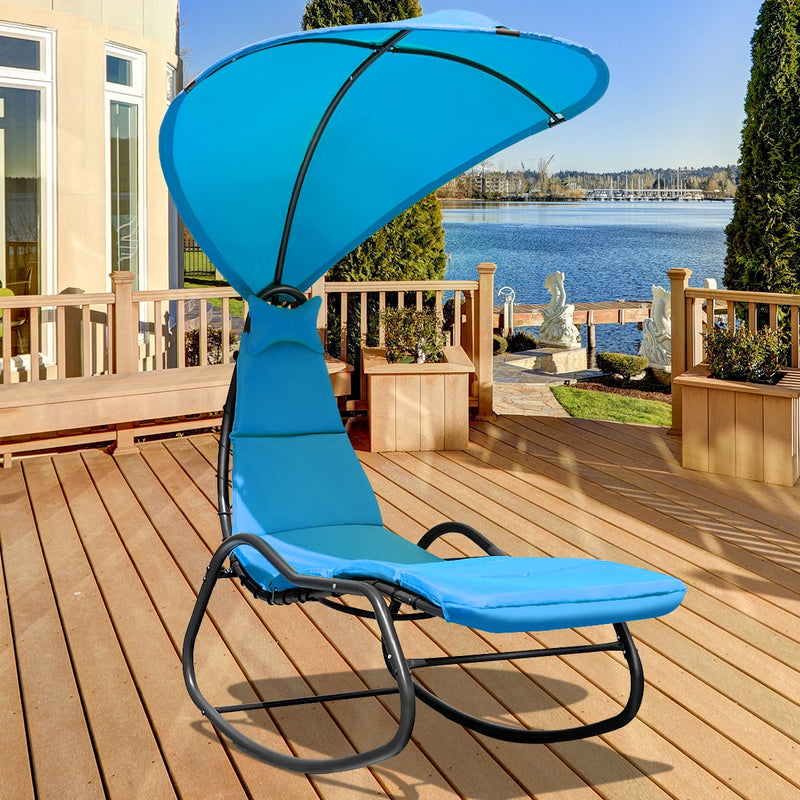 Chaise Lounge Swing with Wide Canopy Sun Shade and Soft Cushion-Blue