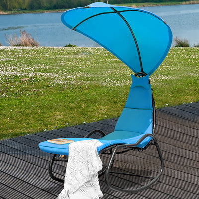 Chaise Lounge Swing with Wide Canopy Sun Shade and Soft Cushion-Blue