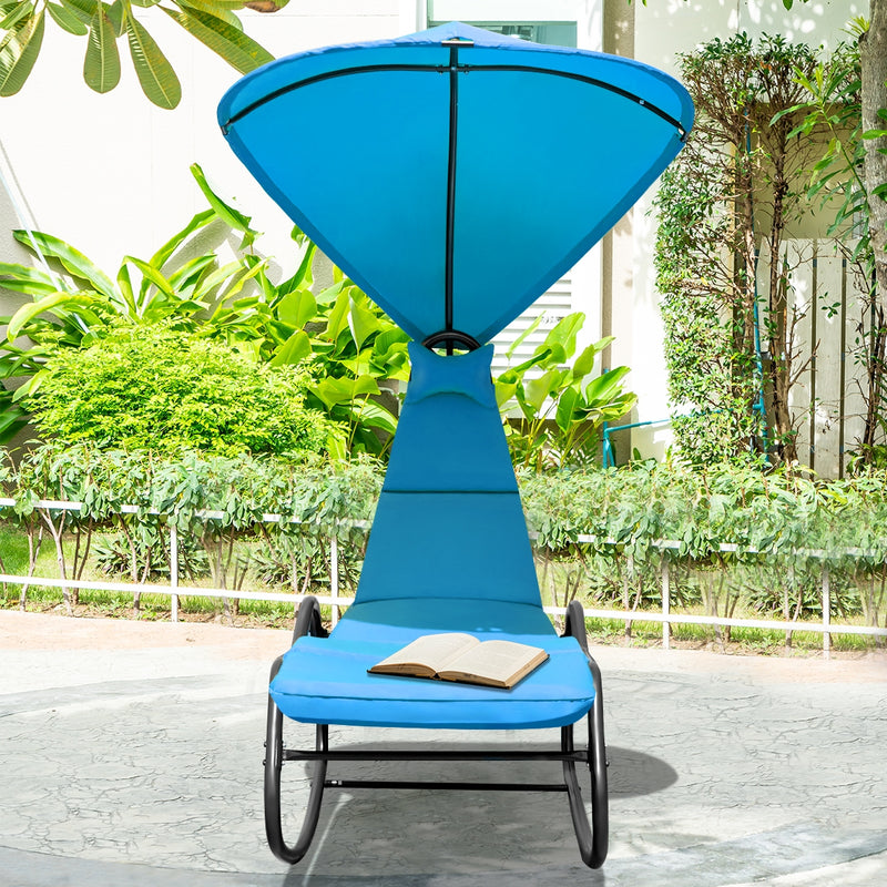 Chaise Lounge Swing with Wide Canopy Sun Shade and Soft Cushion-Blue