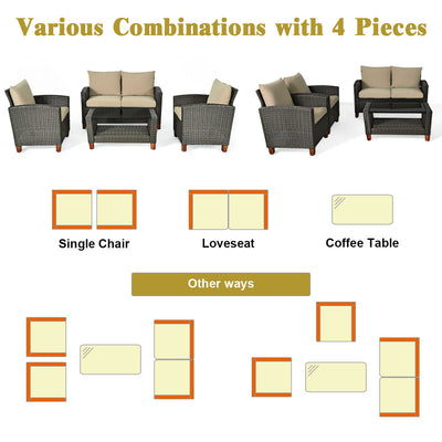 4 Pieces Patio Rattan Furniture Set with Cushions