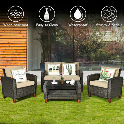 4 Pieces Patio Rattan Furniture Set with Cushions