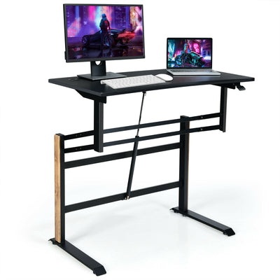 Pneumatic Height Adjustable Gaming Desk T Shaped Game Station with Power Strip Tray-Black