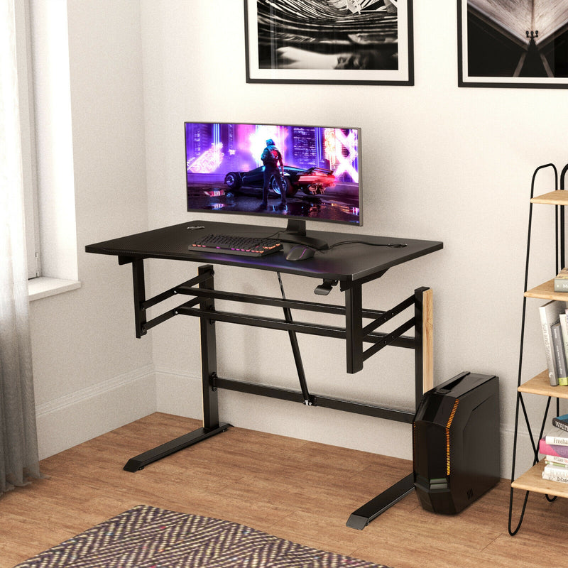 Pneumatic Height Adjustable Gaming Desk T Shaped Game Station with Power Strip Tray-Black