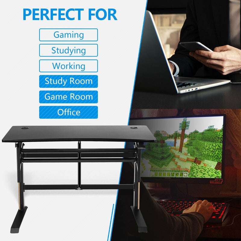 Pneumatic Height Adjustable Gaming Desk T Shaped Game Station with Power Strip Tray-Black