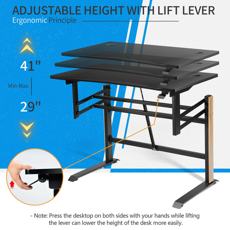 Pneumatic Height Adjustable Gaming Desk T Shaped Game Station with Power Strip Tray-Black