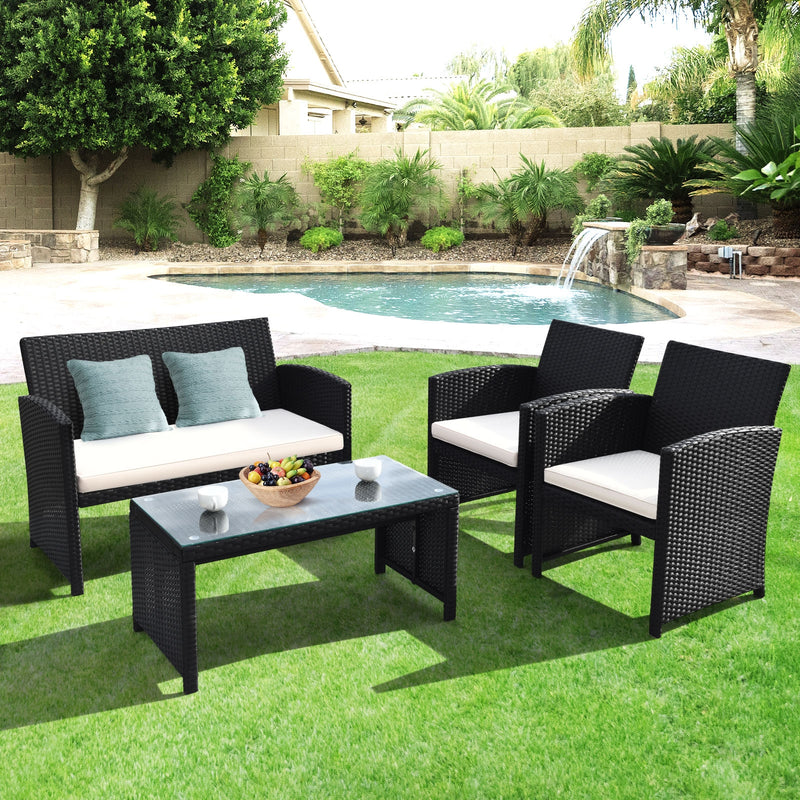 4 Pieces Rattan Patio Furniture Set with Weather Resistant Cushions and Tempered Glass Tabletop-White