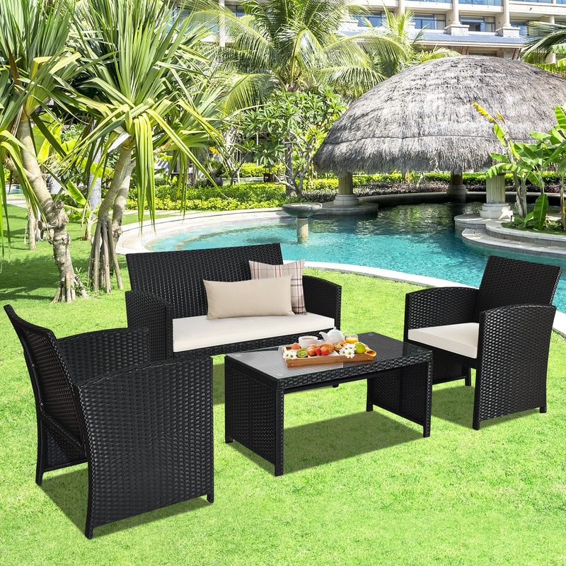 4 Pieces Rattan Patio Furniture Set with Weather Resistant Cushions and Tempered Glass Tabletop-White