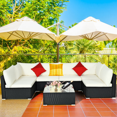 7-Piece Outdoor Sectional Wicker Patio Sofa Set with Tempered Glass Top-White