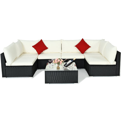 7-Piece Outdoor Sectional Wicker Patio Sofa Set with Tempered Glass Top-White