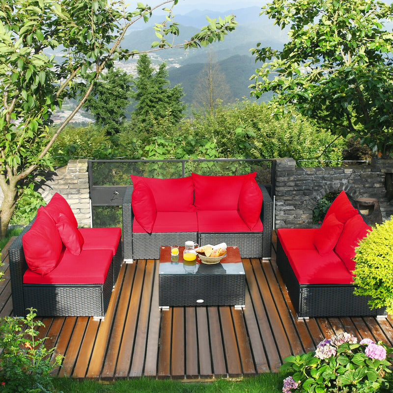 7 Pieces Sectional Wicker Furniture Sofa Set with Tempered Glass Top-Red