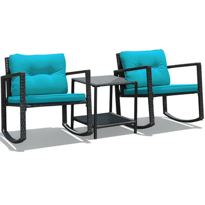 3 Pcs Wicker Rocking Bistro Set with Glass Coffee Table and Storage Shelf-Turquoise