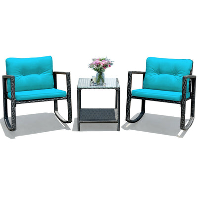 3 Pcs Wicker Rocking Bistro Set with Glass Coffee Table and Storage Shelf-Turquoise