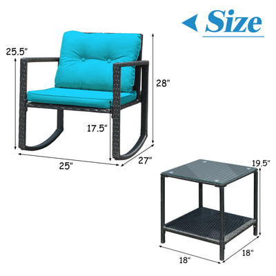 3 Pcs Wicker Rocking Bistro Set with Glass Coffee Table and Storage Shelf-Turquoise