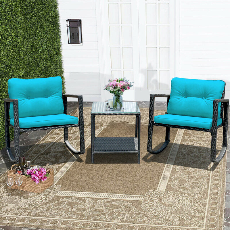 3 Pcs Wicker Rocking Bistro Set with Glass Coffee Table and Storage Shelf-Turquoise