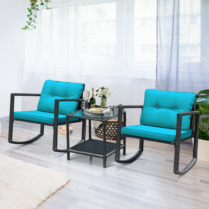 3 Pcs Wicker Rocking Bistro Set with Glass Coffee Table and Storage Shelf-Turquoise