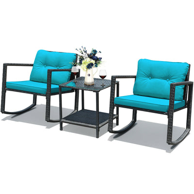 3 Pcs Wicker Rocking Bistro Set with Glass Coffee Table and Storage Shelf-Turquoise