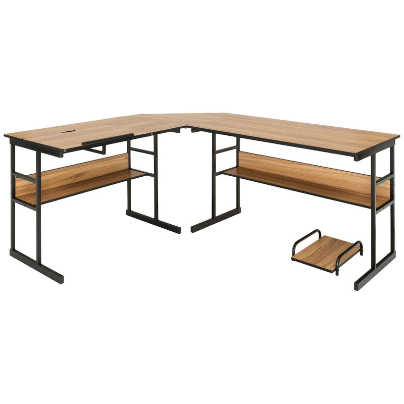 L-Shaped Computer Desk with Tiltable Tabletop-Walnut