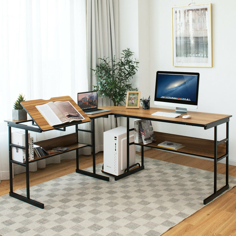 L-Shaped Computer Desk with Tiltable Tabletop-Walnut