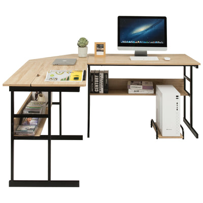 L-Shaped Computer Desk with Tiltable Tabletop-Natural