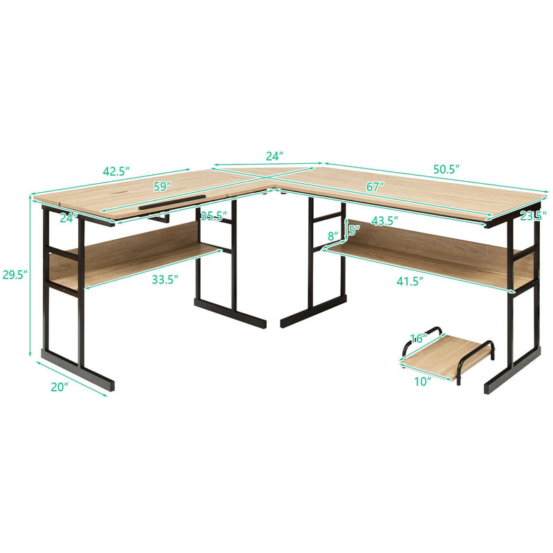 L-Shaped Computer Desk with Tiltable Tabletop-Natural