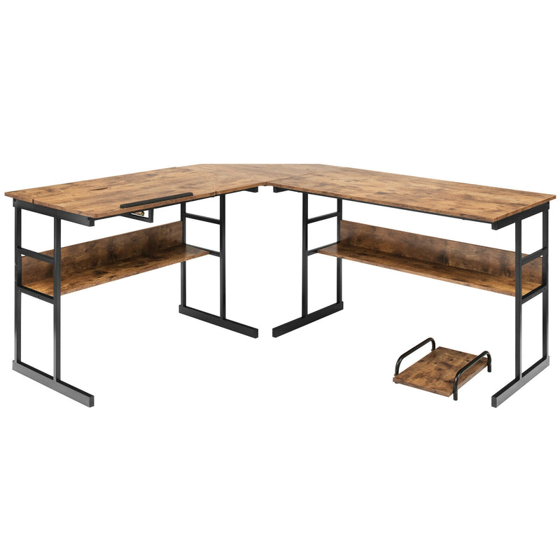 L-Shaped Computer Desk with Tiltable Tabletop-Rustic Brown