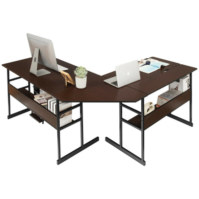 L-Shaped Computer Desk with Tiltable Tabletop-Brown