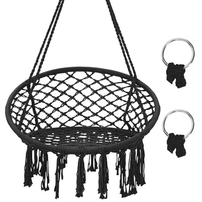 Hanging Macrame Hammock Chair with Handwoven Cotton Backrest-Black