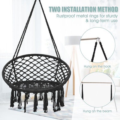 Hanging Macrame Hammock Chair with Handwoven Cotton Backrest-Black