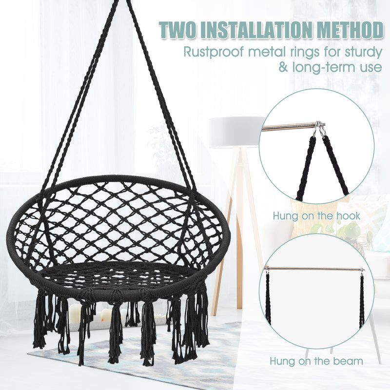 Hanging Macrame Hammock Chair with Handwoven Cotton Backrest-Black