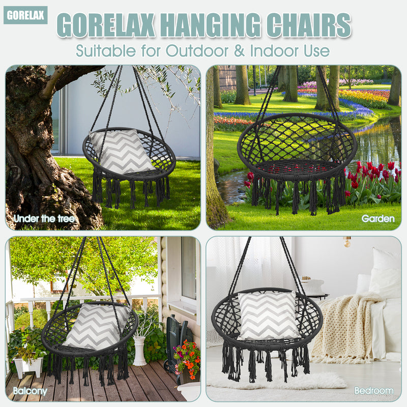 Hanging Macrame Hammock Chair with Handwoven Cotton Backrest-Black